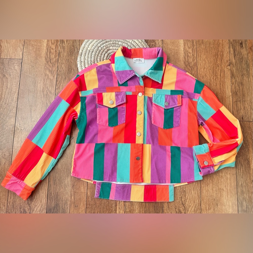 Multicolor Patchwork Corduroy Button Down Shacket… - image 1